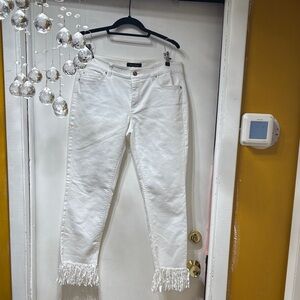 White House Black Market White Cropped Jeans with Fringe